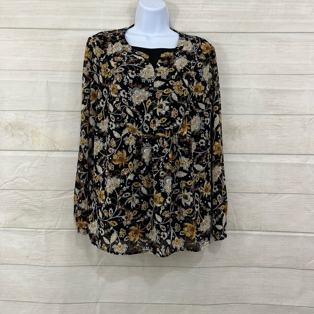 Christopher & Banks Black Floral Lined Long Sleeve Blouse